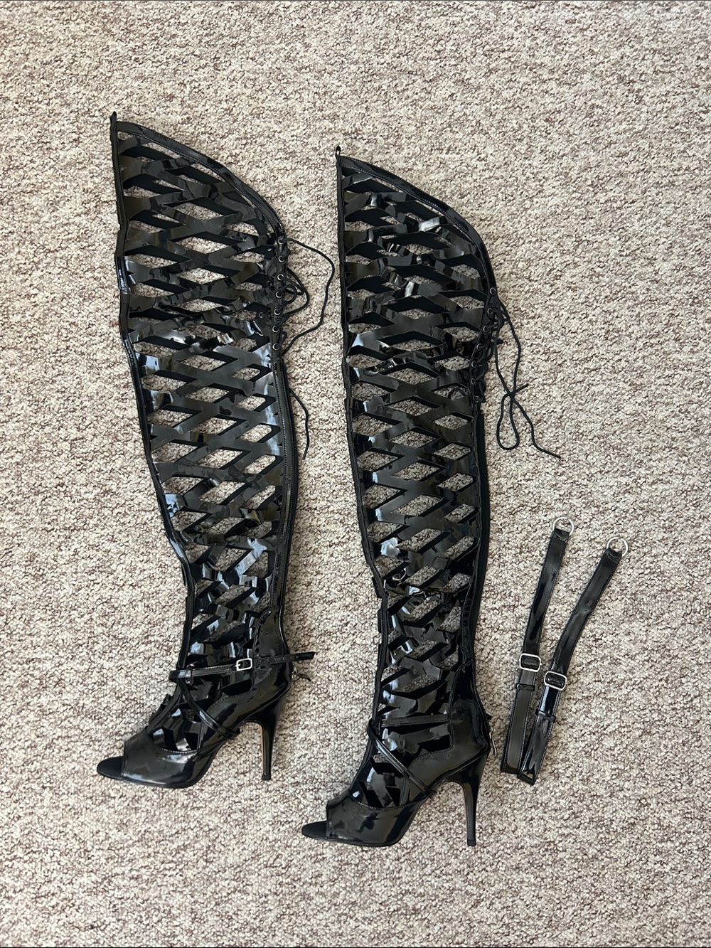 Burju Gladysse Open Toe Thigh High Boots Gladiator Garter Belt, US 7.5 Like New